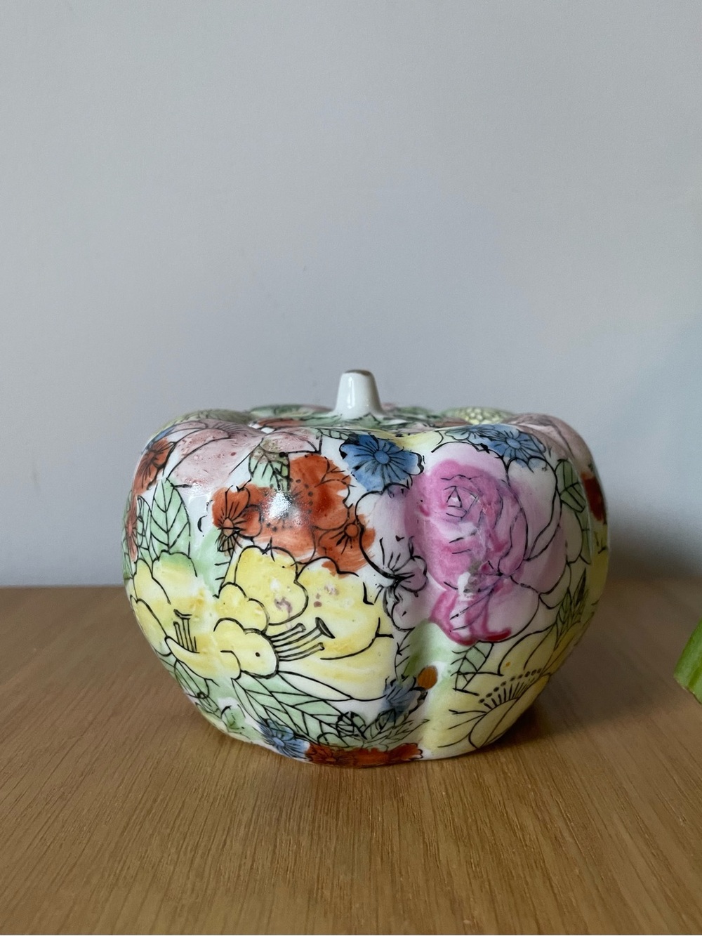 Vintage Chinese Floral Ceramic Pumpkin Lidded Jar